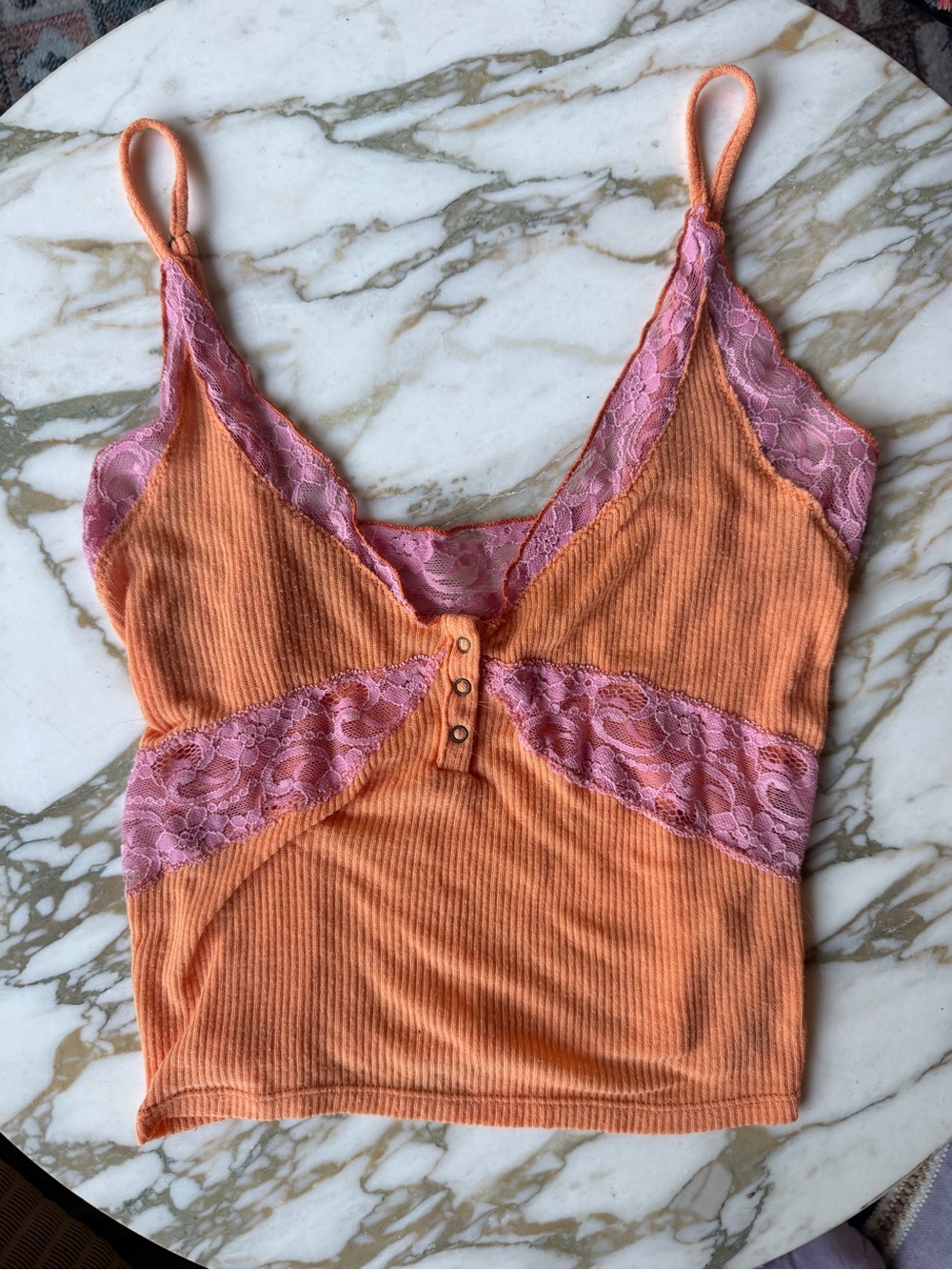 Urban outfitters Orange Ribbed Camisole with Pink Lace Trim